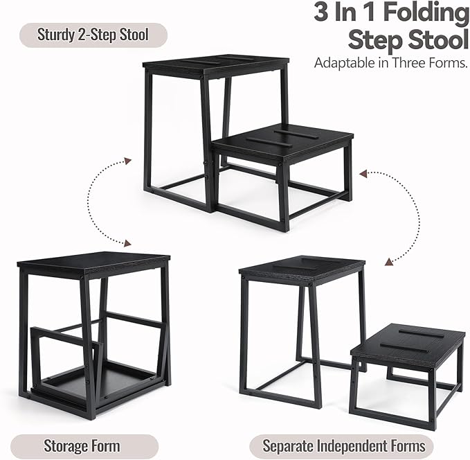 Vrisa Step Stool for Adults Wooden 2 Steps Footstool Heavy Duty RV Bedside Stepping Stool for High Beds with Metal Frame Hold Up 500LB Foot Stool for Kitchen Bathroom Bedroom, Black