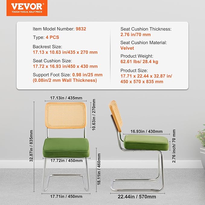 VEVOR Rattan Dining Chairs Set of 4, Mid Century Modern Dining Chair, Upholstered Velvet Accent Chair with Rattan Back, Retro Dining Room Kitchen Chair for Living Room, Bedroom (18.1 Inch)