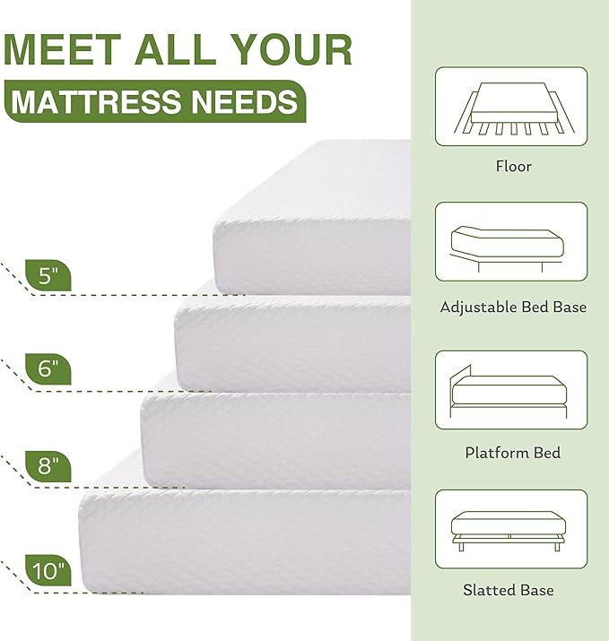 10 Inch Queen Mattress, Memory Foam Mattress in a Box with Cooling Green Tea Gel, Relieve Pressure with Medium Support, CertiPUR-US Certified, 80''L x 60''W, White