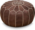 Stuffed Round Design Moroccan Leather Pouf Ottoman, Handmade, Pre-Filled, 100% Genuine Leather, 13” Height x 20” Diameter, Footstool & Living Room Décor (Brown)