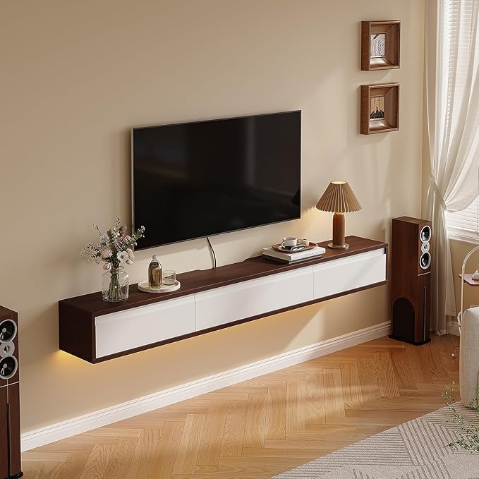 Floating TV Stand High Gloss,70'' Wall-Mounted TV Cabinet,Floating TV Console,Under TV Shelf with 3 Doors for Living Room Bedroom(Walnut+White)