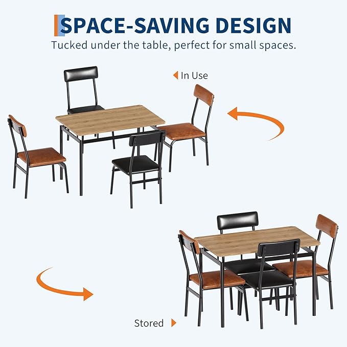 5 Piece Dining Room Table Set, Kitchen Table Set for 4 with Brown Wooden Grain Kitchen Table and 4 PU Upholstered Metal Chairs, Dining Room Set for Small Space,Home Dinner(2 Black & 2 Brown Chairs )