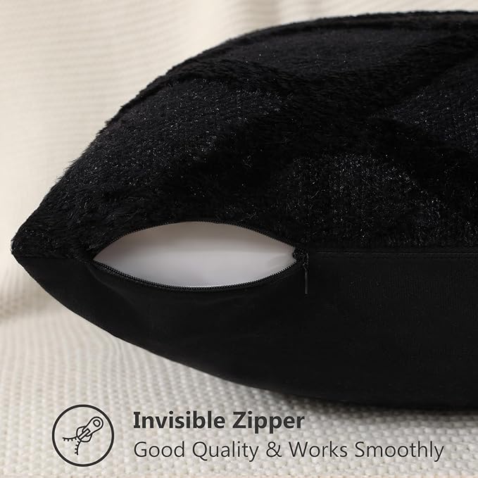 decorUhome Throw Pillow Covers 18x18 Inch Set of 2, Soft Plush Faux Fur Wool Black Couch Pillow Covers, Decorative Neutral Pillow Cases for Bed Sofa Living Room Home Decor