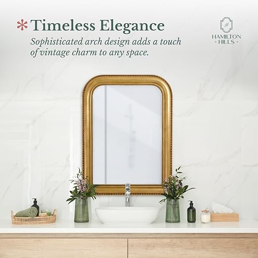 Hamilton Hills 36" x 24" Classic Gold Framed Polished Glass Top Round Corner Mirror - Thick Arched Top Rich Wall Mirror - Vanity for Bathroom Decor, Bedroom, Living Room - Hangs Horizontal or Vertical