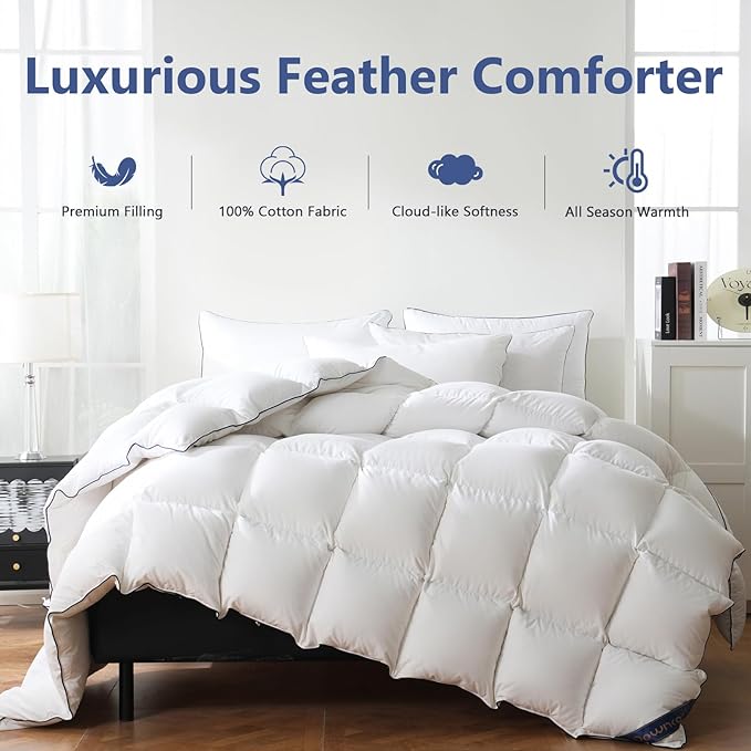 DOWNCOOL Feather Comforter Oversized Queen, 100% Cotton White Duvet Insert, All Season Ultra Soft Hotel Collection Bedding Comforters with Corner Tabs, Oversized Queen Size 98 x 98 Inch