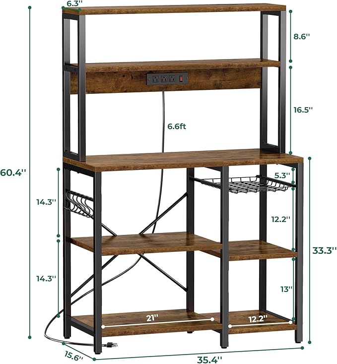 SUPERJARE Bakers Rack with Power Outlet, 35.4 Inches Coffee Bar with Wire Basket, Kitchen Microwave Stand with 6 S-Shaped Hooks, Open Storage Shelves, Rustic Brown