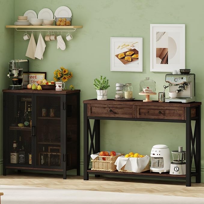 BON AUGURE Console Table with 2 Drawers, Entryway Tables with Storage, Sofa Table Behind Couch for Living Room, Farmhouse Entry Tables for Hallway, Foyer, Front Door (Rustic Oak, 47 Inch)