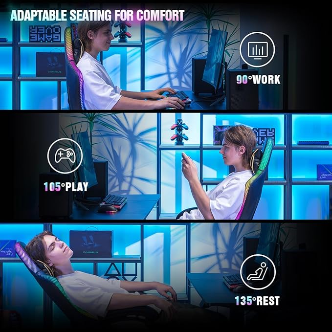 GTPLAYER Gaming Chair, RGB Gaming Chairs with LED Lights, Video Gaming Chair for Adults, Ergonomic Computer Gaming Chair with Linkage Armrest, Reclining Chair with Headrest (Without Massage, Black)