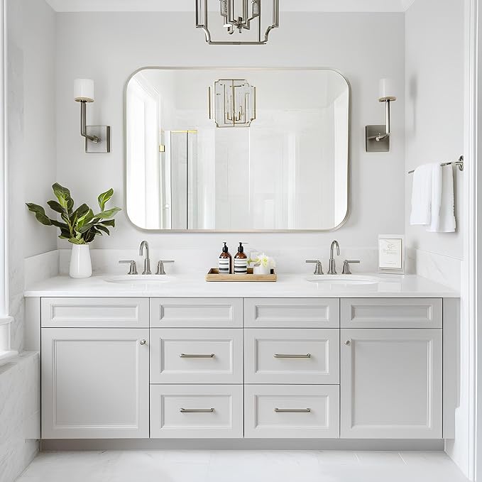 MZON 30x36Inch Brushed Nickel Bathroom Mirror, Large Rectangle Wall Mirror for Bathroom or Living Room, Anti-Rust Frame & Tempered Glass, Horizontal/Vertical Mount - Timeless&Elegance Wall Decor