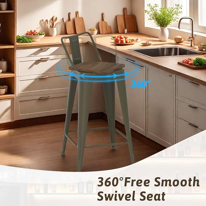 30 Inch Swivel Bar Stools Set of 4, Counter Height Bar Stools with Low Back, Metal Industrial Bar Chairs for Kitchen Island (Rusty)