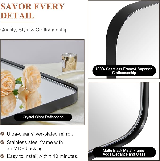 ANDY STAR 36”x48” Black Bathroom Mirror, Wall Mirror for Bathroom, Rounded Rectangle Mirror in Premium Stainless Steel Metal Frame Hangs Horizontal Or Vertical (Matte Black)