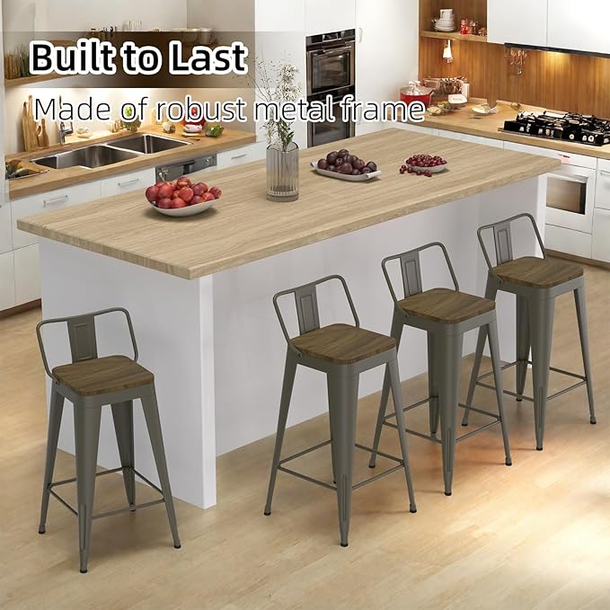 Rusty Bar Stools Set of 4, Metal Bar Stools with Wooden Seat, Modern 24”Counter Height Barstools with Low Back