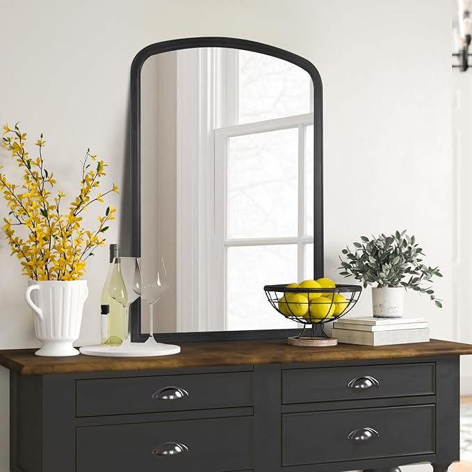 HOMECOOKIN Wood Arched Mirror for Bathroom, 30" x 40" Farmhouse Rustic Arched Wall Mirror Wood Framed Vanity Mirror for Home Decor Entryway Living Room (Black)