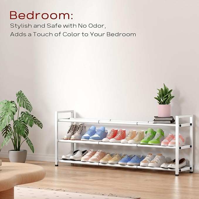 Bumusty 3-Tier Long Expandable Shoe Rack for Closet, 18"-44" Adjustable Shoe Rack for Entryway, 15-18 Pairs Large Shoe Organizer Shelf Storage, Sturdy Metal, White