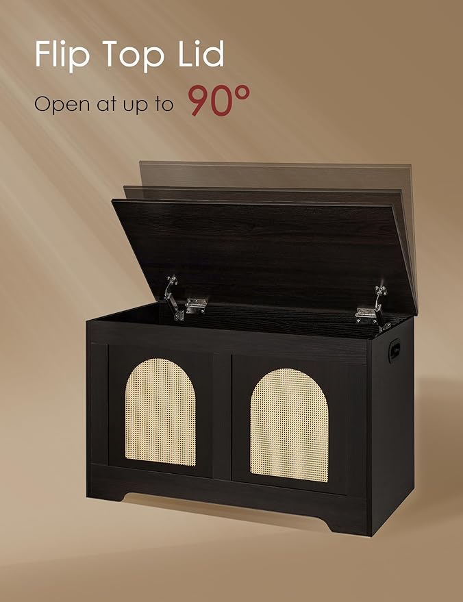 DINZI LVJ Storage Chest, 31.5" Rattan-Like Toy Box with 2 Safety Hinges, Wooden Entryway Storage Bench with Flip-Top, Storage Trunk for Living Room, Bedroom, Easy Assembly, Espresso and Natural