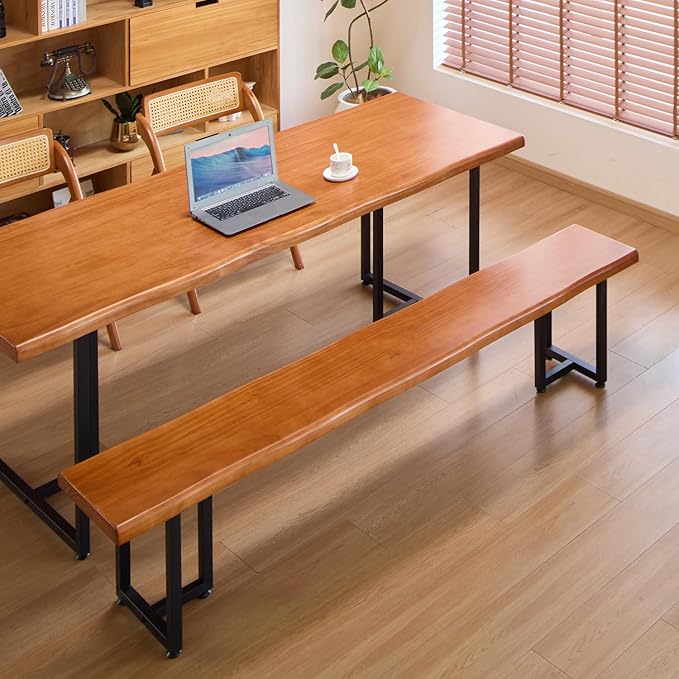 Durable Solid Wood Top Bench with Metal Triangular Legs – Stylish Long Dining Bench for Home, Office, Restaurant & Patio (Wooden Brown Bench, 70.87in)