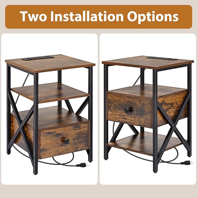 Nightstand Set of 2 with Charging Station and USB Ports, End Table Set of 2 with Outlets, Bedside Table End Tables with Drawer, Small Night Stand for Bedroom, Side Table, Living Room, Brown