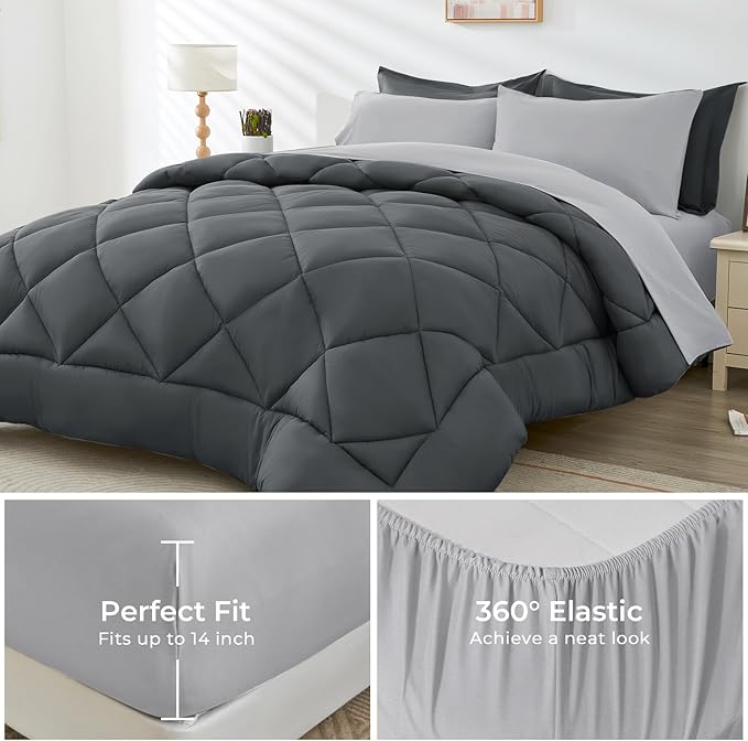 HEVUMYI Queen Comforter Set - 7-Piece All Season Bed in a Bag Queen, Ultra Soft Bedding Set with Comforter, Flat Sheet, Fitted Sheet, Pillowcases, Pillow Shams, Dark Grey & Light Grey