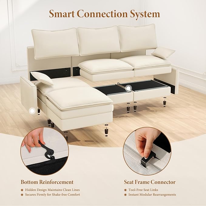 Vesgantti 108" U Shaped Sectional Couch, Comfy Cloud Modular Sectional Sofa with 2 Ottoman Deep Seat Chenille Modern Cloud Sofa, Modular Sofas for Living Room, Bedroom and Apartment, Beige