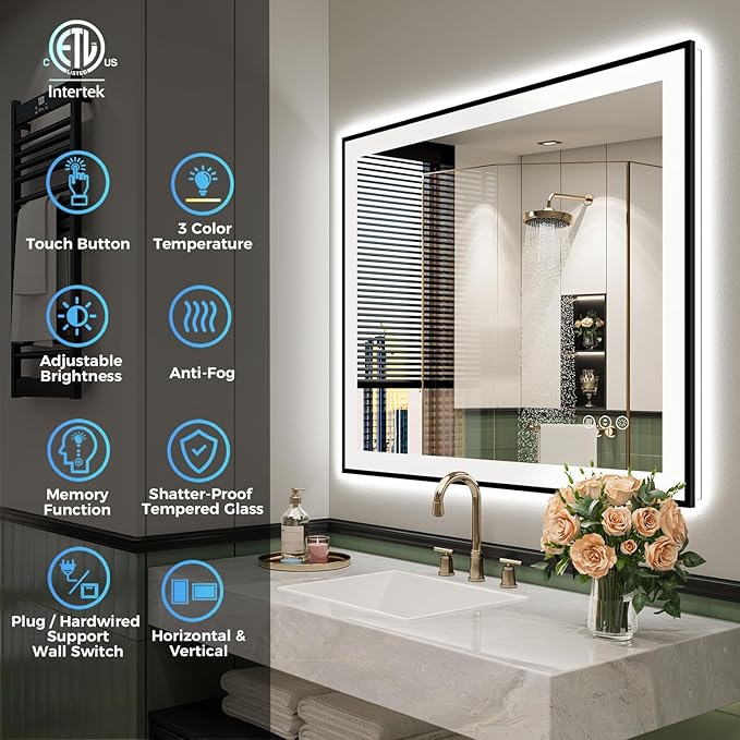 24x36 Inch LED Bathroom Mirror with Lights (Front Lit and Backlit) Black Framed Lighted Vanity Mirror for Bathroom Wall Dimmable Anti-Fog Memory Tempered Glass Horizontal/Vertical