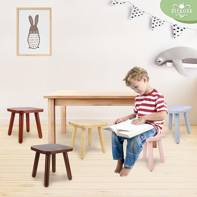 BEE&OAK Wooden Step Stools for Adults, Solid Rubber Wood Non-Slip Step Foot Stool, Heavy Duty 300 lbs One Step Stool for Bedroom, Bathroom, Kitchen (Natural, 9.25" (D) x 9.25"(W) x 8.86"(H))