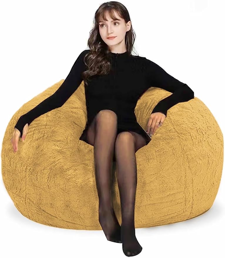 Bean Bag Chairs for Kids Comfy Fluffy Big Joe Bean Bag Chair Cover Without Filler Round Sofa Chairs for Bedroom Living Room Decor, 5FT, Yellow