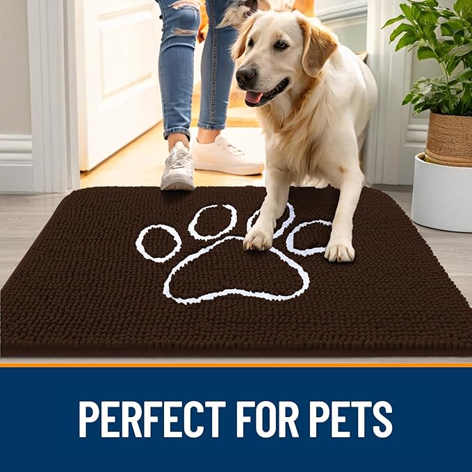 OLANLY Door Mat for Muddy Dog Paws 48x30, Ultra Absorbent Chenille Mud Doormat with Paw Print Design, Non-Slip Washable Doormat for Indoor Entryway, Quick-Dry Pet Bed Mats for Dirty Dogs, Brown
