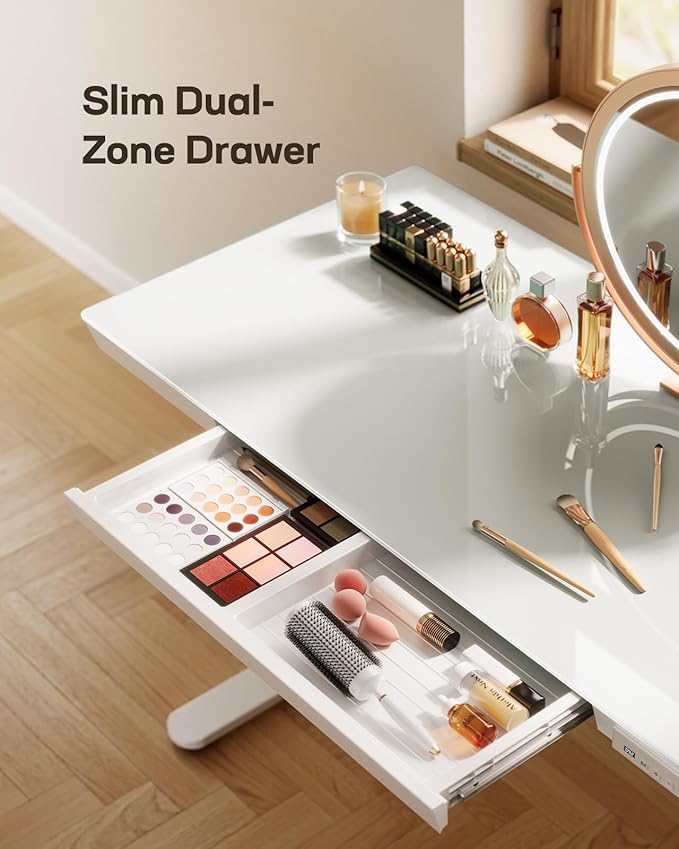 Marsail Glass Standing Desk with Drawer, 48 x 24 inch Electric Standing Desk, Height Adjustable Desk with One-Piece Tabletop & USB Charging Ports, Sit Stand Desk with Storage for Home & Office White