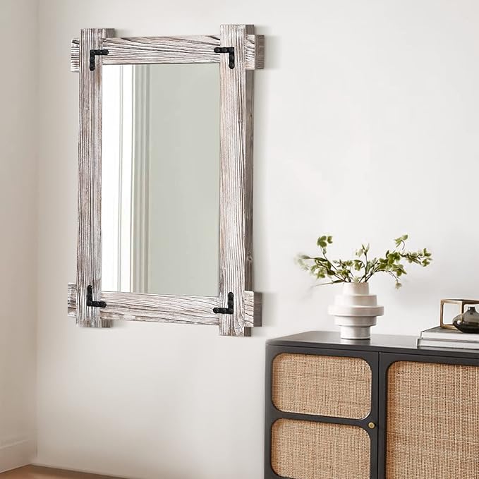 MeMoreCool Rustic Wood Framed Bathroom Mirror, Decorative Farmhouse Vanity Mirror, Wall Mounted Rectangular Mirror for Bedroom, Living Room, or Bathroom, Small 20x30 Inch, White