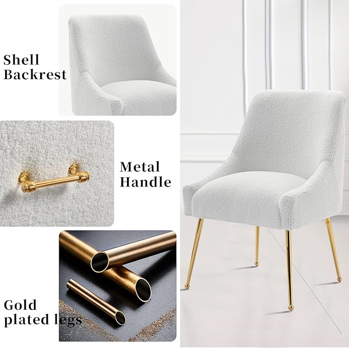 Modern Velvet Dining Chairs Set of 2, Contemporary Upholstered Furniture Collection with Polished Gold Metal Legs, Elegant Accent Chairs for Kitchen Living Room(Teddy Fleece,White)