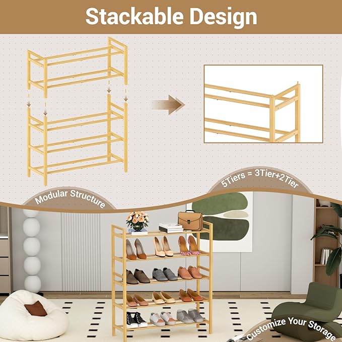 Haddockway Bamboo Shoe Rack for Closet, Free Standing Shoe Organizer with Smooth Round Rods & Convenient Handles, Stackable Shoe Storage Shelf for Entryway, Hallway(Natural, 5-Tier)