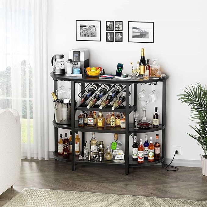 Zarler Bar Cart with Power Outlet Easy to Assemble, LED Home Bar Cabinet for Liquor, 47.3" L x 15.8" D x 36" H Metal Mini Bar Table with 4-Tier Storage, Black