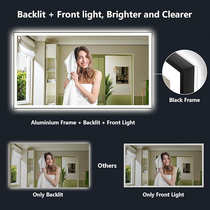 96x36 Inch LED Bathroom Mirror with Lights (Front Lit and Backlit) Black Framed Lighted Vanity Mirror for Bathroom Wall Dimmable Anti-Fog Memory Tempered Glass Horizontal/Vertical