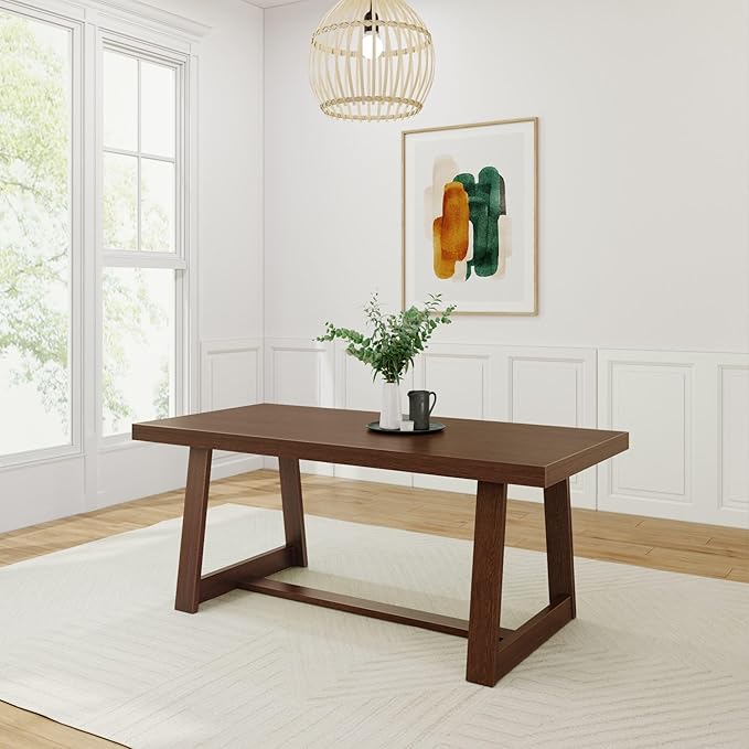 Plank+Beam 72 Inch Farmhouse Dining Table, Solid Wood Rustic Kitchen Table, Large Wooden Rectangular Dinner Table for Dining Room, Home Office, Living Room Furniture, Easy Assembly, Walnut Wirebrush