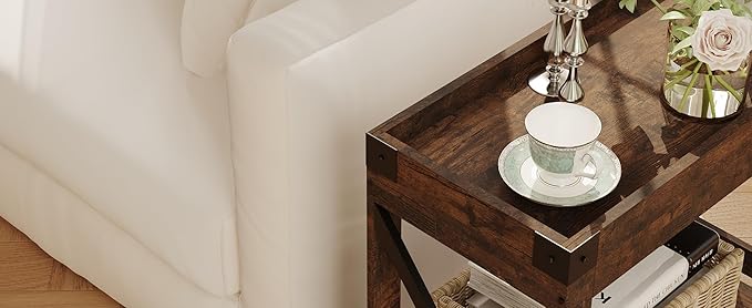 Narrow Side Table, Slim End Table with Charging Station for Small Spaces, with 2 USB and 2 Power Outlets, 21.7" L x 10" W x 21.7" H