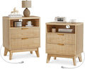 LYNCOHOME Fluted Nightstand Set of 2 with Charging Station, 19.7 inch Wide with 2 Drawers, Modern Wood Bedside Table for Bedroom, Natural