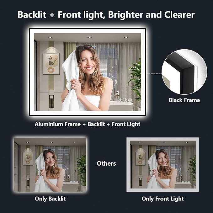 55x36 Inch LED Bathroom Mirror with Lights (Front Lit and Backlit) Black Framed Lighted Vanity Mirror for Bathroom Wall Dimmable Anti-Fog Memory Tempered Glass Horizontal/Vertical