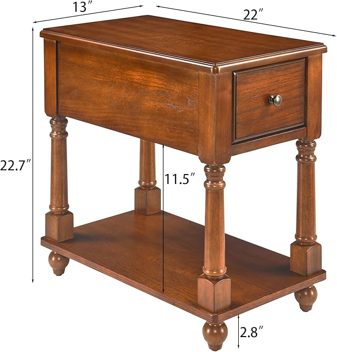 Narrow End Table with Drawer and Open Storage Shelf, Solid Wood Sofa Side Table for Living Room, Beside Table,Telephone Table for Small Spaces, No-Tools Assembly Caramel Brown BBJ004DR
