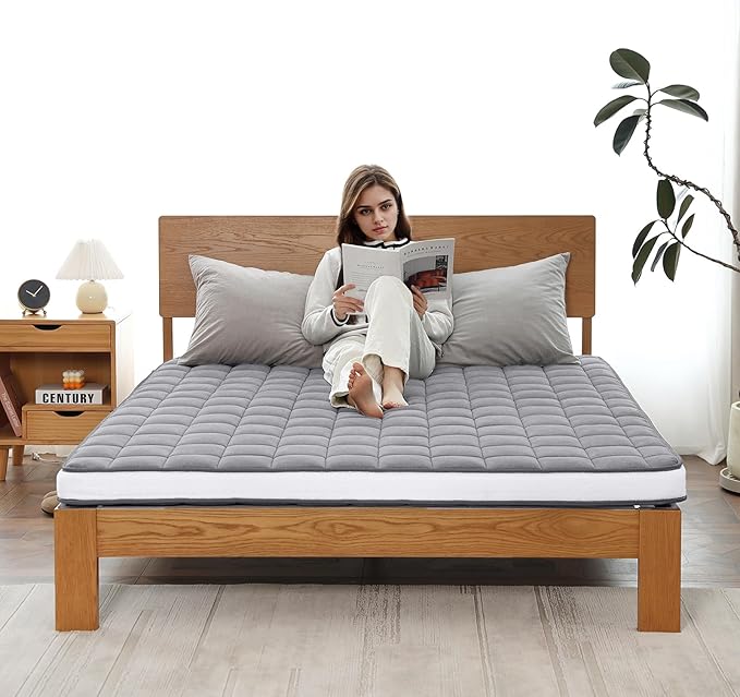 Welnow Japanese Futon Floor Mattress, Queen Size Thick Tatami Mat Portable & Foldable Roll Up Floor Bed Mattress with Storage Bag, Sleeping Pad for Adults, Dorm, Guest Bed, Camping and Travel, Grey