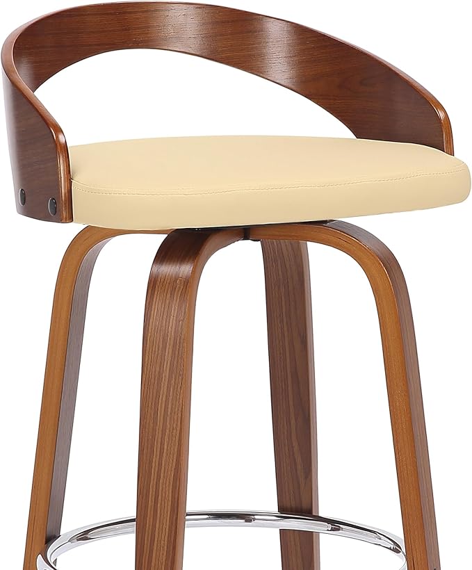Armen Living Sonia 30" Bar Height Swivel Cream Faux Leather and Walnut Wood Bar Stool - Set of 3
