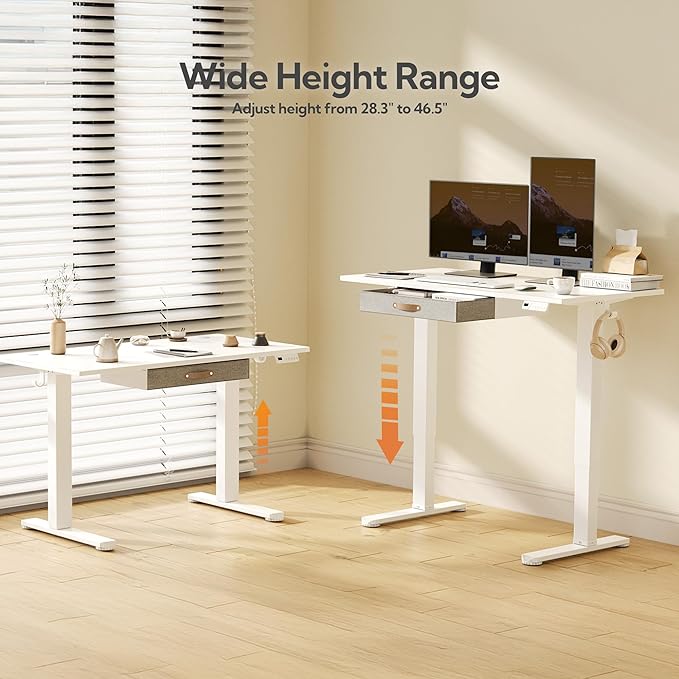 Seang Standing Desk with Drawer, 55" x 24" Height Adjustable Stand Up Desk, 3 Memory Height Settings with Cable Grommets & Storage Hooks, Ideal for Home & Office, White