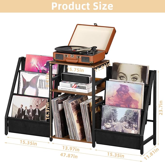 LELELINKY Black End Table,Record Player Stand with Vinyl Storage,3 Tier Side Table with Display Shelf Storage Up to 180 Albums, Large Record Holder for for Media Stereo Speaker, Amplifiers, Magazines