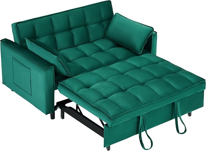 Ball & Cast 55" Convertible Sofa Bed,3 in 1 Sleeper Sofa W/Pull-Out Bed,Convertible Pull Out Couch W/2 Pillows,Adjustable Backrest & Side Pocket,Velvet Futon Couches for Living Room,Apartment,Green