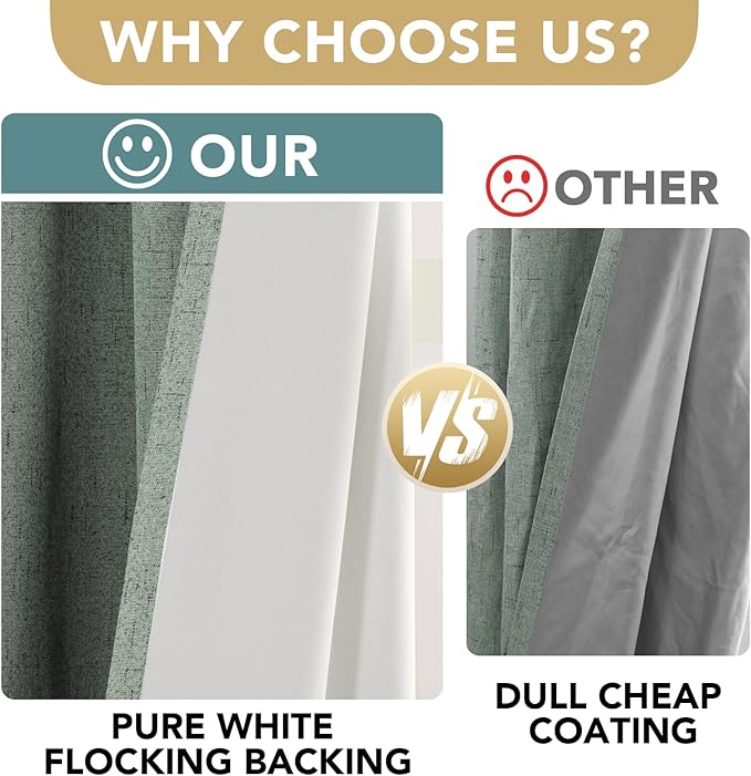 H.VERSAILTEX Bedroom Curtains Blackout Linen Blackout Curtains 84 Inches Long, 100% Blackout Thermal Textured Linen Look Curtain Draperies Grommet with White Liner, 2 Panels, Green Bay