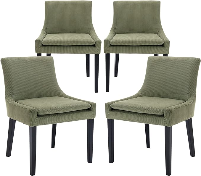 COLAMY Modern Dining Chairs Set of 4, Upholstered Corduroy Accent Side Chairs with Mid Back and Wood Legs for Living Room/Dining Room- Light Green