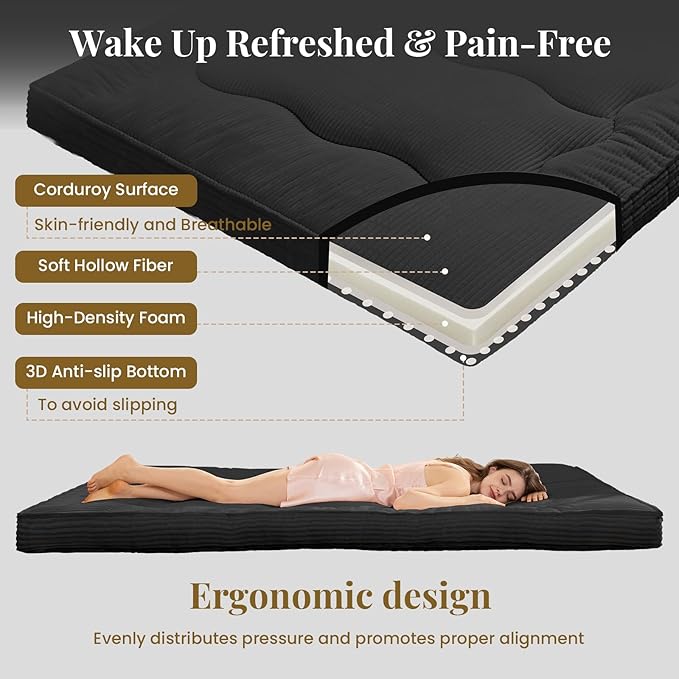 Japanese Floor Mattress, 4" Thicken Futon Mattress Full Size Sleeping Pad, Corduroy Foldable Floor Pad, Roll Up Tatami Mat for Adults Guest Room Bedroom, Black