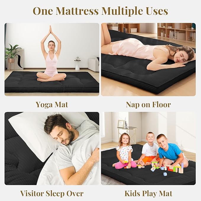 Japanese Floor Mattress, 4" Thicken Futon Mattress Queen Size Sleeping Pad, Corduroy Foldable Floor Pad, Roll Up Tatami Mat for Adults Guest Room Bedroom, Black