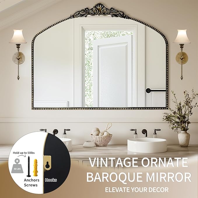 G-LEAF Vintage Baroque Mirror 40"X30",Victorian Antique Farmhouse Mantel Mirror with Black Brush Gold Ornate Metal Frame for Fireplace Entryway Living Room Hallway Bathroom