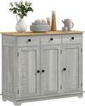 HOMCOM Sideboard with Solid Wood Countertop, Modern Kitchen Storage Cabinet, Coffee Bar Cabinet with 3 Drawers, Doors and Adjustable Shelf, Distressed Light Gray