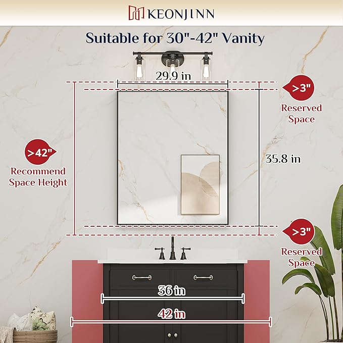 Keonjinn Black Bathroom Mirror 30 x 36 Inch, Metal Frame Black Mirror for Bathroom Sink, Rectangular Square Corner, Modern Farmhouse, Rectangle Vanity Mirror for Wall(Horizontal/Vertical)